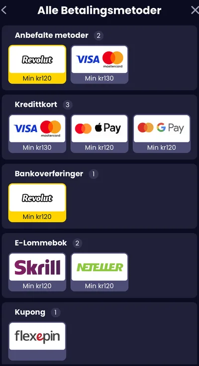 Kassen hos SlotsGem med betalingsmetodene Revolut, Visa/Mastercard, Apple Pay, Google Pay, Skrill, Neteller og Flexepin og minstebeløp på 120–130 kr.