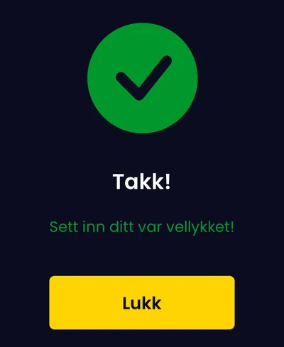 SlotsGem bekrefter innskuddet med «Takk! Sett inn ditt var vellykket!».