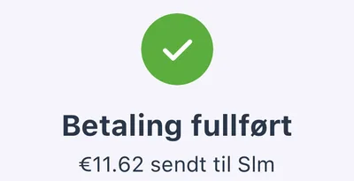 Betalingssiden viser «Betaling fullført – €11.62 sendt til Slm».