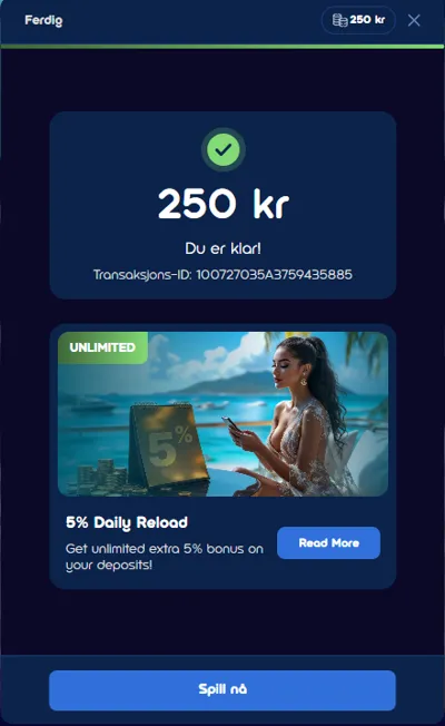 Spinsino bekrefter innskuddet på 250 kr med meldingen «Du er klar!».