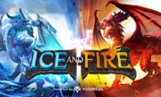 Kampanjegrafikk med fantasitema for spilleautomaten "Ice and Fire", med en isblå drage til venstre og en brennende rød drage til høyre, som symboliserer motstridende elementer.