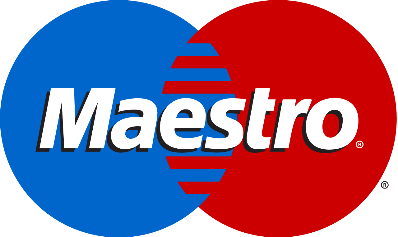 Maestro-logo med overlappende blå og røde sirkler på grønn bakgrunn.