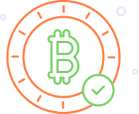 Bitcoin-logo med et hakemerke, som symboliserer godkjenning for nettkasinotransaksjoner.