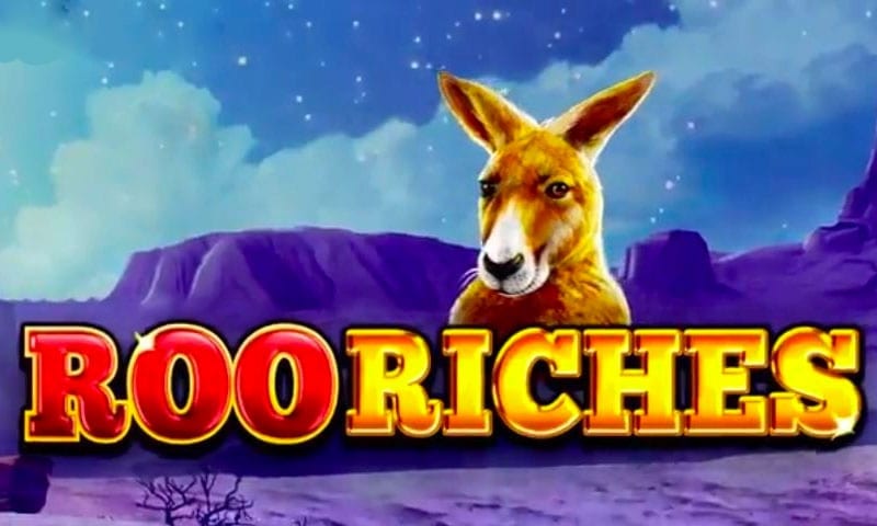 Kampanjegrafikk for "Roo Riches" med et kenguruhode over den stiliserte spilltittelen med en ørkennattehimmelbakgrunn.