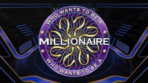Logoen til spillet "hvem vil bli millionær?" med en neonbelyst scenebakgrunn med spilleautomater.