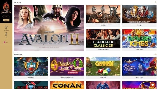 En nettside som viser et utvalg online spilleautomater, inkludert Avalon78, med forskjellige temaer og titler.