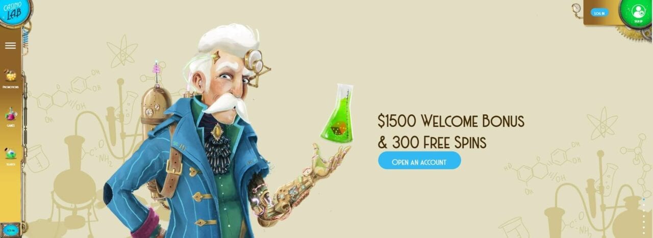 Tegneserieillustrasjon av en vitenskapsmann som promoterer en velkomstbonus på $1500 og 300 gratisspinn for CasinoLab.