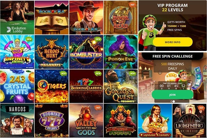 En collage av forskjellige fargerike Bob Casino-spillminiatyrbilder med spilleautomater og videopokertitler, reklamebannere for gratisspinn og VIP-programmer, og en nedtellingstidtaker for en daglig utfordring.