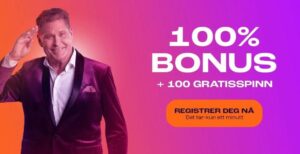 En mann i dress hilser ved siden av kampanjeteksten for en 100 % bonus og 100 gratisspinn-tilbud på Wheelz Casino, med en oppfordring til å registrere deg nå.