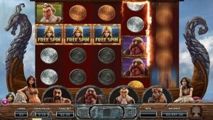 Et skjermbilde av "Vikings Go Berzerk" online spilleautomat med et vikingtema, med karaktersymboler, gratisspinnikoner og en visning av spillerens gjeldende innsats og balanse