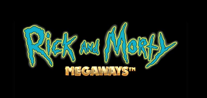 Logoen til "Rick and Morty Megaways" med stilisert tekst på svart bakgrunn.