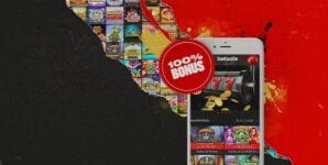 En collage som kontrasterer forskjellige gamblingelementer, inkludert grafikk på spilleautomater og en smarttelefon som viser et Betsafe Casino-spill med en "100 % bonus"-kampanje, satt opp mot en revet papir-estetikk med en rød og