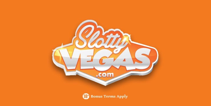 Slotty Vegas nettcasinologo på oransje bakgrunn med varsel om aldersbegrensning og ansvarsfraskrivelse om bonusvilkår.