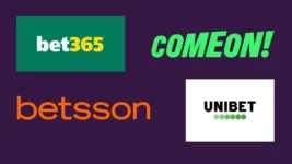 Logobilder av ComeOn, Betsson, Unibet, og Bet365 spillplattformer