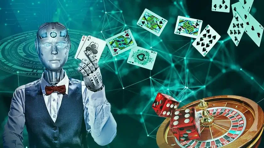 En menneskelig robot iført sløyfe, deler ut spillekort, med terninger og ruletthjul i nettcasinoindustrien, satt mot et digitalt bakteppe.