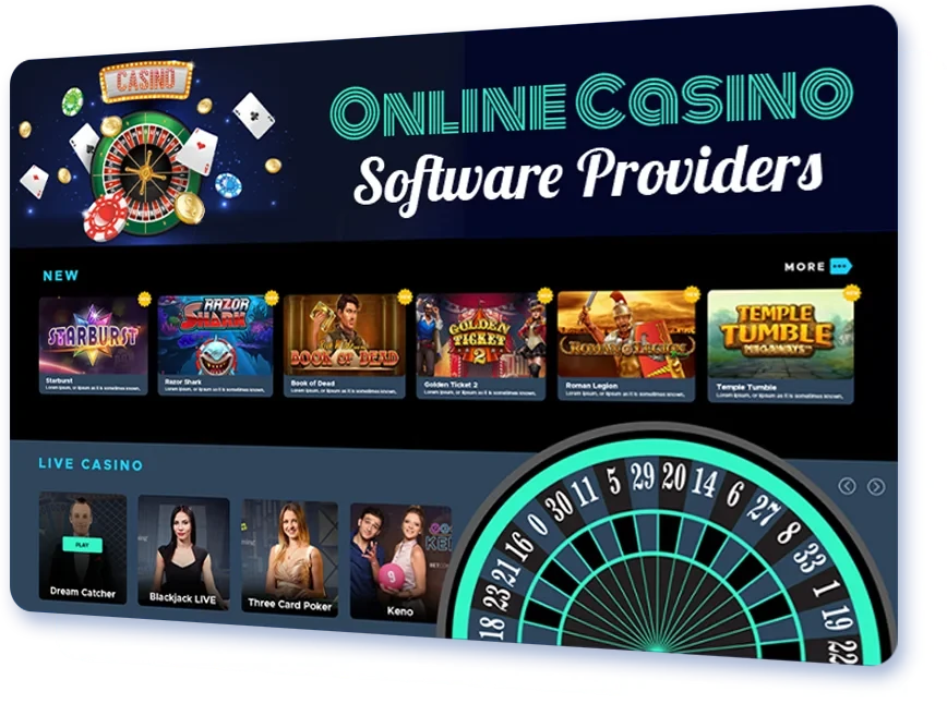 Grafikk som viser ulike programvareleverandører for nettkasinoer, med miniatyrbilder av spill og grensesnitt for live kasinospill fra den riktige spillutvikleren.
