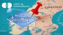Et kart over norge med en knappenål som markerer et sted, overlagt med grafikk som antyder spill- eller lotteriregulering.