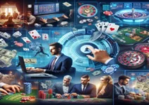 Collage av ulike gamblingscener, inkludert kasinobord, online betting innenfor nettcasinoindustrien, og strategisk kortspill med fokuserte deltakere.