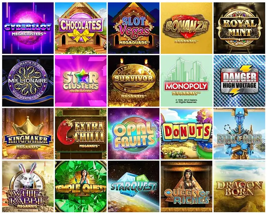 En collage av forskjellige fargerike online spilleautomatlogoer designet av den riktige spillutvikleren, inkludert temaer som "sjokolade", "monopol" og "rikdommens dronning.