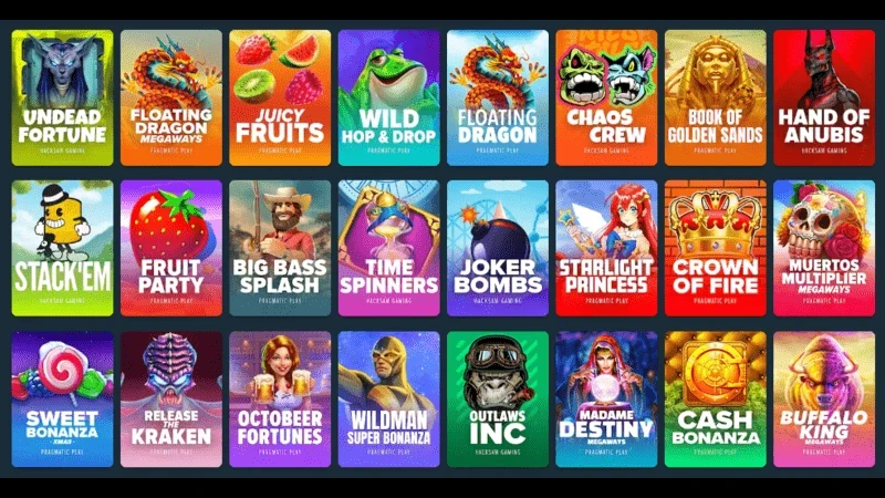 Et rutenett av fargerike ikoner som representerer ulike spilleautomatspill designet av en anerkjent spillutvikler, hver med levende grafikk og unike temaer, som dyr, frukt og mytiske skapninger.