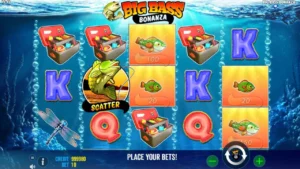 Skjermbilde av online spilleautomaten "Big Bass Bonanza" som viser hjul med symboler som fisk, bokstaver og en fisker. Spillet ber spilleren om å plassere sine innsatser.