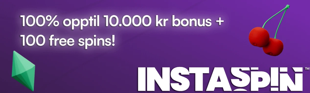 Kampanjebanner for instaspin med 100 % bonus opptil 10 000 kr og 100 gratisspinn, med kirsebærgrafikk på lilla bakgrunn.