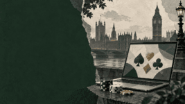 Illustrasjon av en bærbar PC med kortsymboler og Westminster i London.