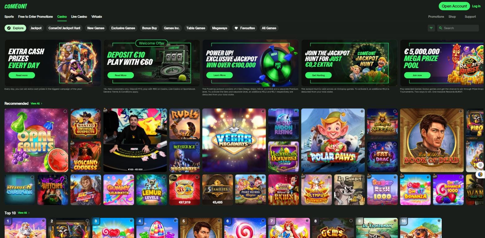 Casinolobbyen hos ComeOn med velkomsttilbud og populære spilleautomater, september 2026
