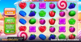 Sweet Bonanza anmeldelse fra AnbefaltCasino med godteri og frukt