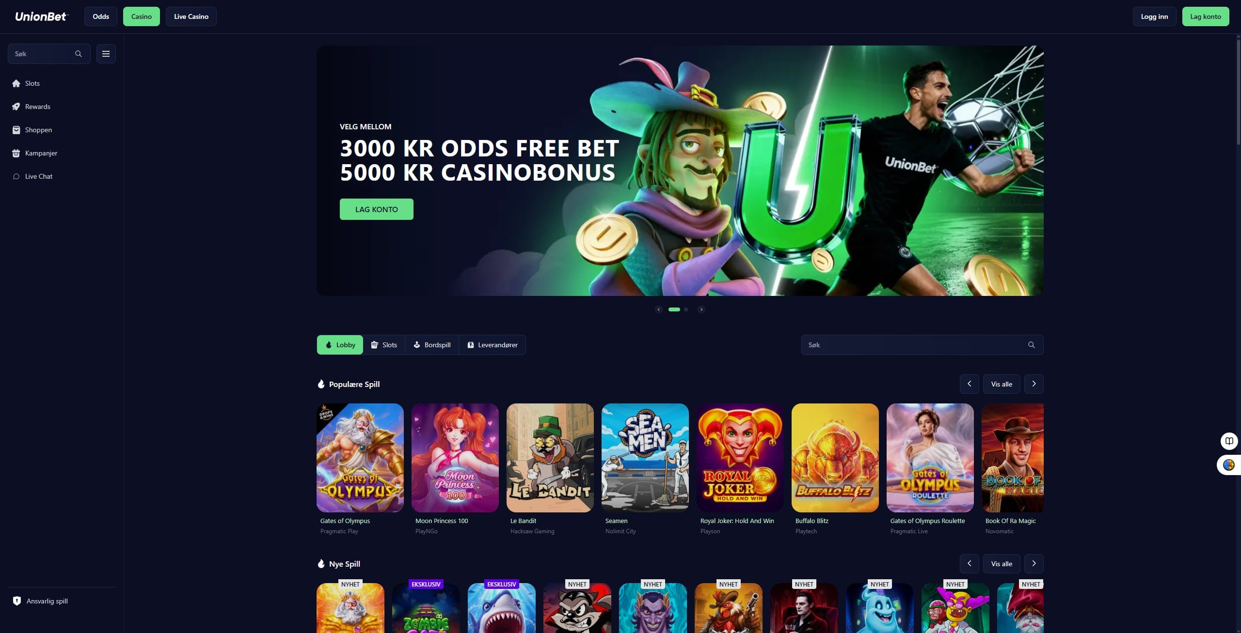 Casinolobbyen hos UnionBet med populære spill og nye spill