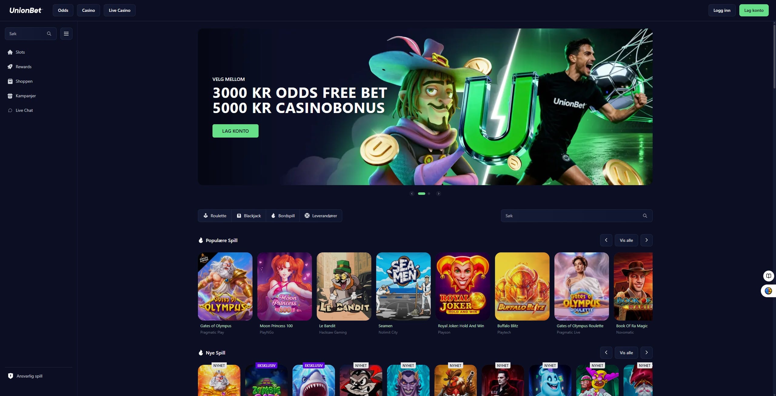 Forsiden på unionbet.com/nb-no med velkomsttilbudene 3000 kr odds Free Bet og 5000 kr casinobonus