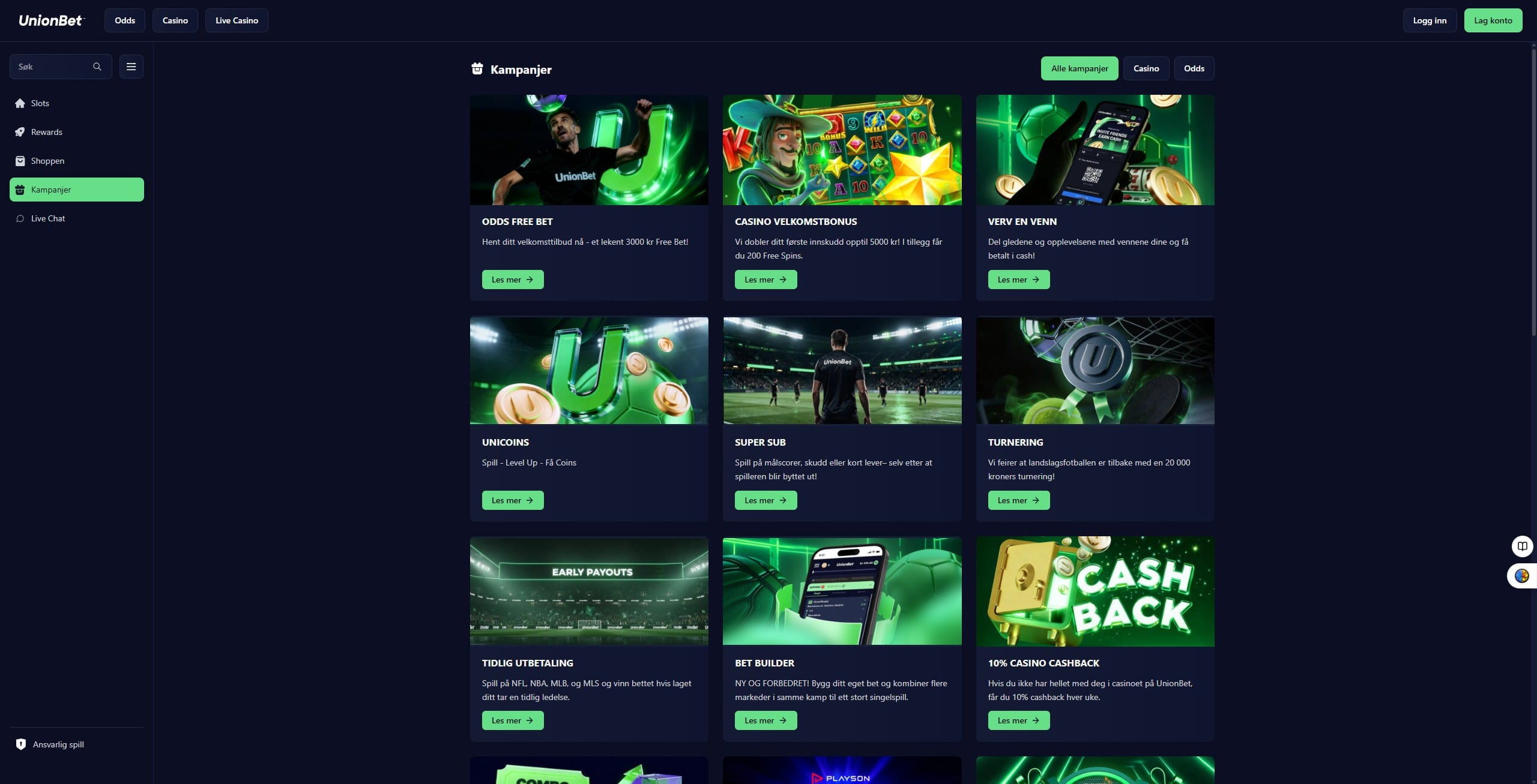 Kampanjesiden hos UnionBet med casino velkomstbonus, 10 % casino cashback, UniCoins og turnering