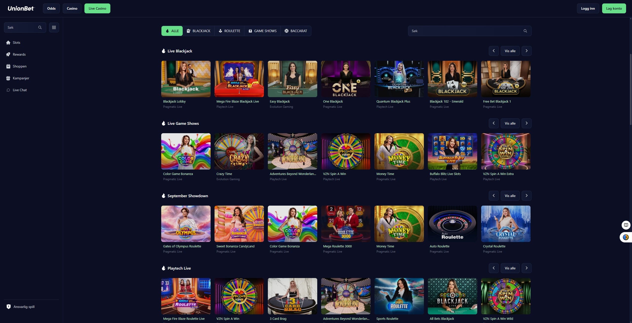 Livecasino hos UnionBet med blackjack og game shows