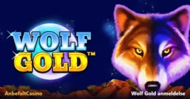 Wolf Gold anmeldelse fra AnbefaltCasino med ulvehode og logo